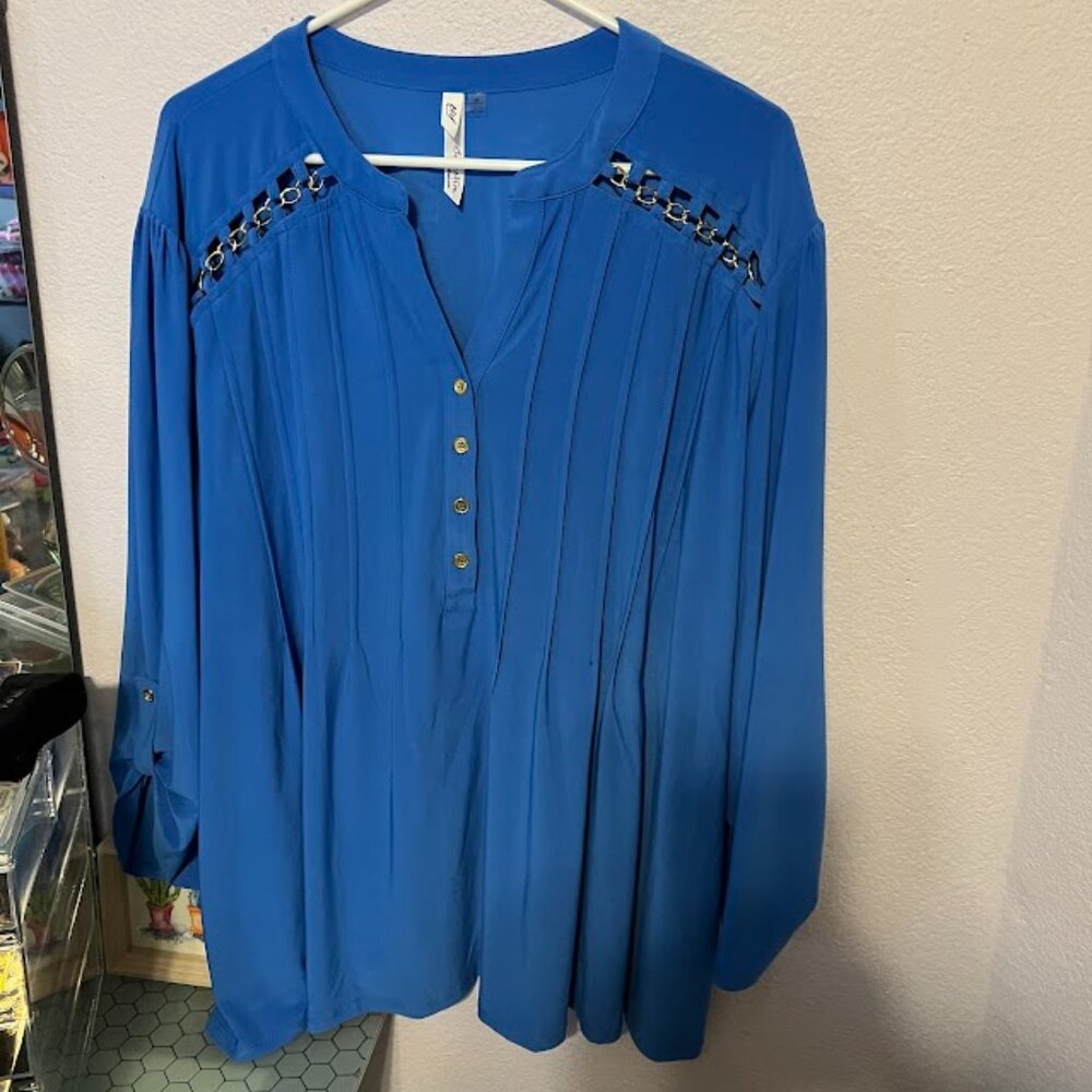 NY Collection 3X royal blue tab sleeved blouse
